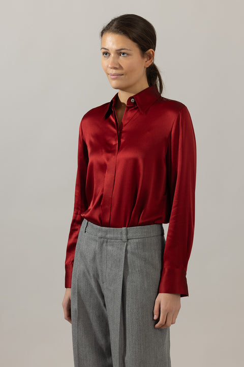 Bluse - Slim Fit Satin Ruby Ink