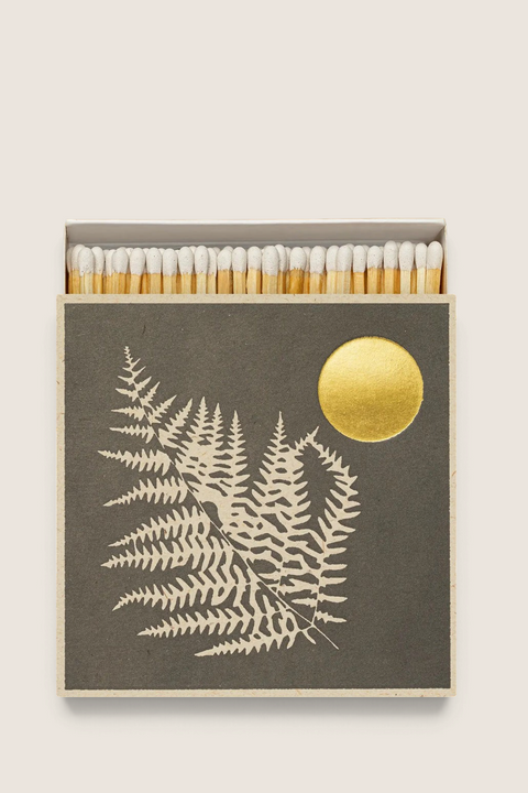 Bolina Archivist decorative matchbox featuring a gold fern and sun design with white-tipped wooden matches