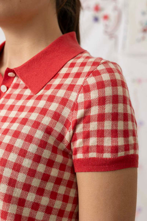 T-skjorte - Gingham Shrunken Polo Scarlet/Mist