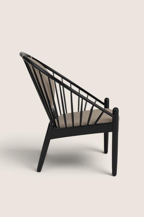 Bolina J166 Jørna lounge chair in black painted oak with light grey wool and flax blend cushions, side profile view.