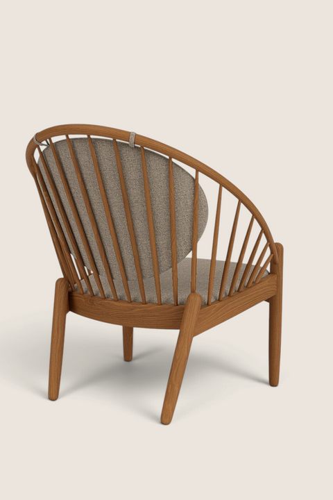 Bolina J166 Jørna lounge chair in smoked oak with light grey upholstery, featuring a curved spindle back design.