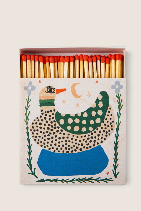 Bolina Archivist decorative matchbox featuring a whimsical spotted duck illustration with red-tipped wooden matches