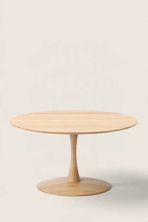 Bolina Trisse coffee table by Nanna Ditzel in soap-treated solid oak with a round top and sculptural pedestal base.