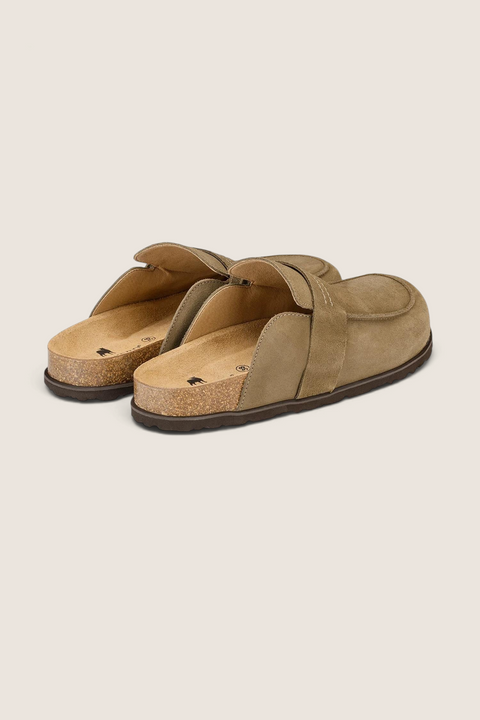 Bolina Shepherd Petra taupe suede clogs with open heel, soft insole, and lightweight EVA sole for everyday comfort.
