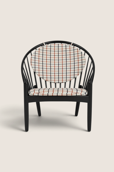 Bolina J166 Jørna lounge chair in black painted oak with red plaid textile cushions, iconic 1950s Danish design.