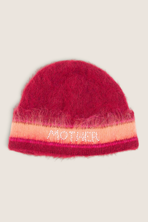 Bolina MOTHER beanie in brushed wool blend with red, pink, and orange stripes and pearl logo detail on folded cuff.