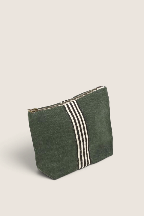 Bolina Billie Pouch in racing green stone-washed linen with black and off-white striped detail and zip closure.