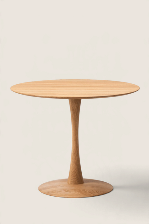 Bolina Trisse round dining table in oiled oak with a sculptural central pedestal base by Nanna Ditzel