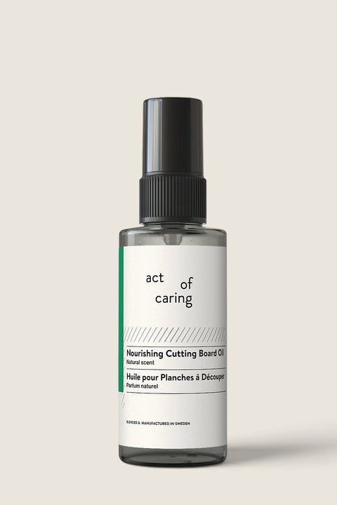 Bolina Act of Caring nourishing cutting board oil in a 75ml spray bottle for food-safe wood maintenance