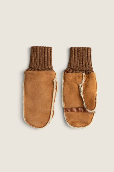 Bolina Agnelle Erika chestnut brown lambskin mittens with alpaca wool lining and ribbed knit cuffs