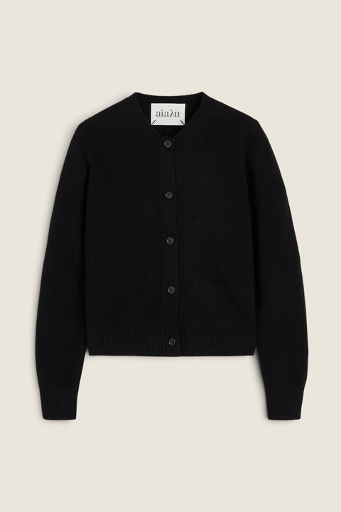 Bolina Aiayu Ingolf II black cardigan with round neck, button closure, and ribbed edges in a classic feminine fit.