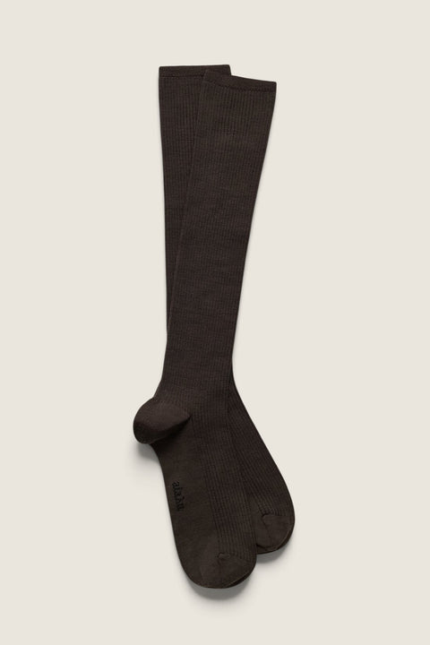 Bolina Aiayu brown rib-knit wool knee-high socks with reinforced heel and toe and embroidered logo detail.