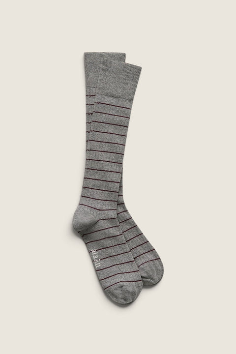 Bolina Aiayu rib-knit long socks in grey cotton with bordeaux stripes, featuring a reinforced heel and toe.