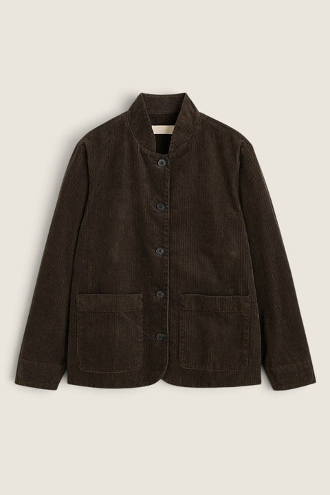 Bolina Aiayu Jacy corduroy jacket in smokey brown with a stand collar, button front, and two large front pockets.