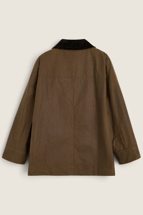 Bolina Aiayu Jamie oilskin jacket in bark brown with a corduroy collar, back view showing ripstop texture.