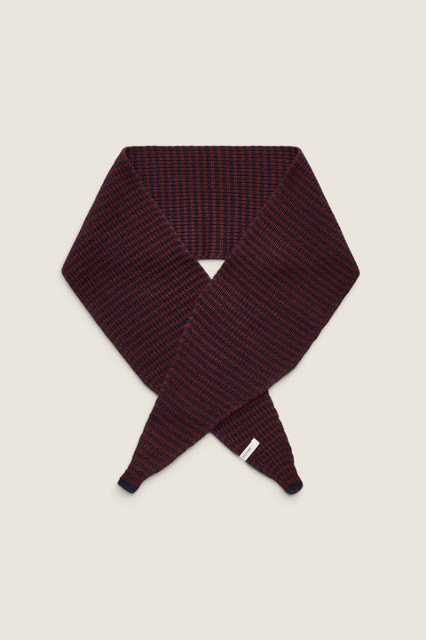 Bolina Aiayu Knox knitted scarf in bordeaux and dark blue striped patent stitch pattern.