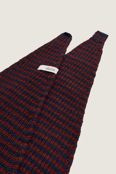 Bolina Aiayu Knox knitted scarf in bordeaux and dark blue striped patent knit with a textured finish.