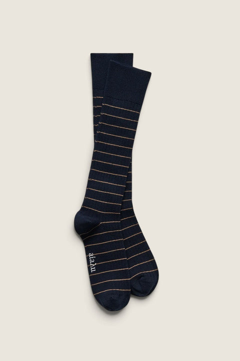 Bolina Aiayu navy blue rib-knit cotton socks with thin horizontal stripes and reinforced heel and toe