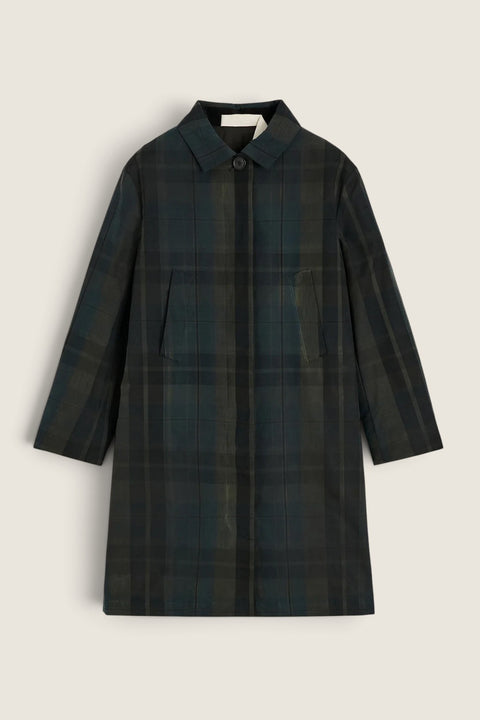 Bolina Aiayu Noor coat in dark green and black plaid with a waxed water-repellent finish and hidden button closure.