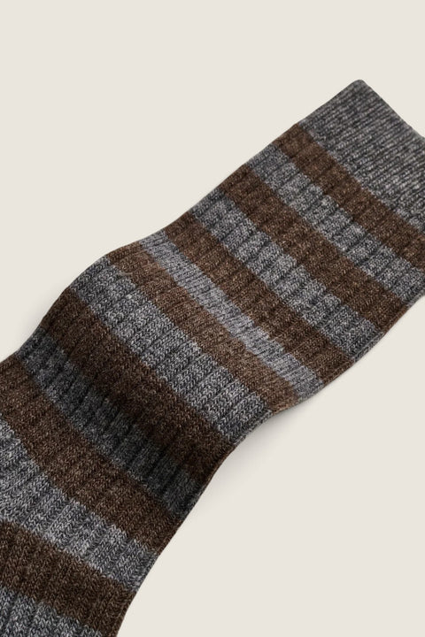 Bolina Aiayu ribbed socks in grey and brown striped recycled cashmere and merino wool blend