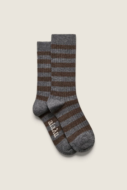 Bolina Aiayu grey and brown striped ribbed socks in a soft recycled cashmere and merino wool blend
