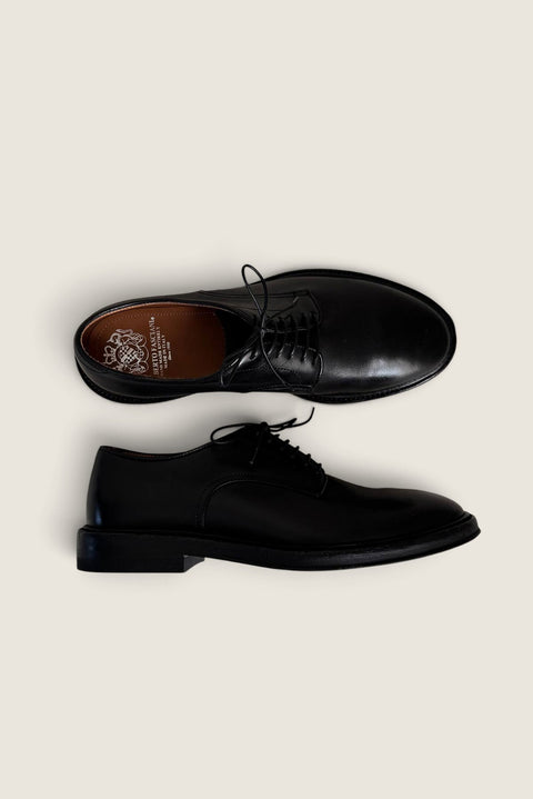 Bolina Alberto Fasciani black leather lace-up loafers with a solid sole, shown from top and side views.