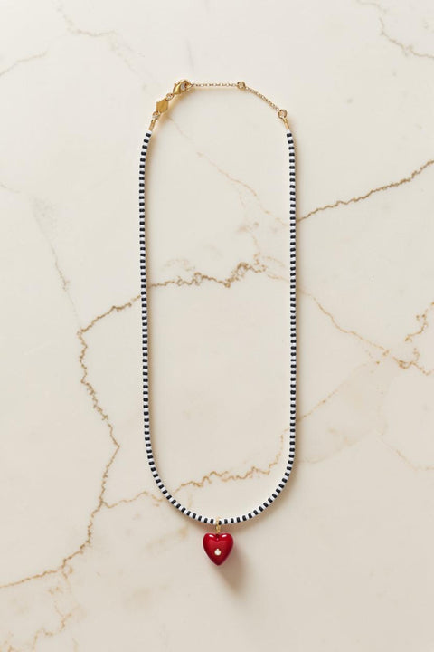 Bolina ANNI LU Pure Heart Domino necklace with black and white glass beads and a red resin heart pendant