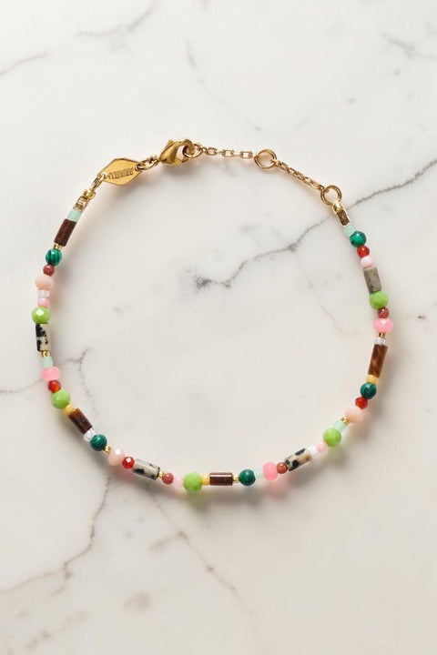 Bolina ANNI LU Little Treasure Lily Pond bracelet featuring colorful malachite, tiger eye, and glass beads in gold.