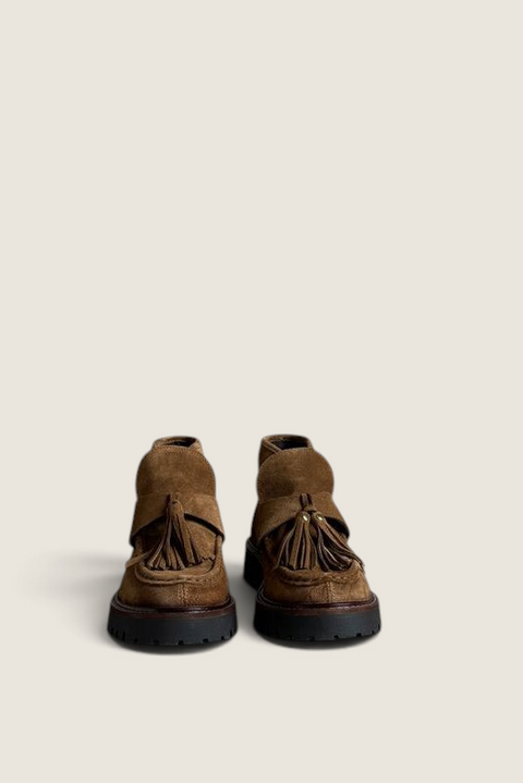 Bolina Aosta tobacco brown suede tassel ankle boots with chunky lug soles and moccasin stitching