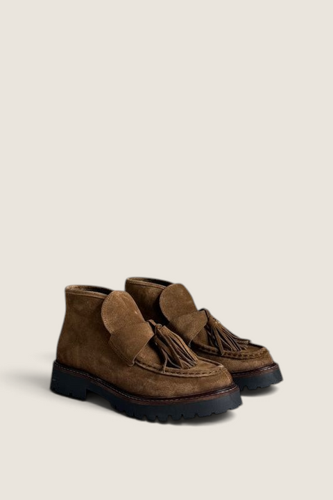 Bolina tobacco suede Aosta tassel ankle boots with moccasin stitching and a chunky black lug sole