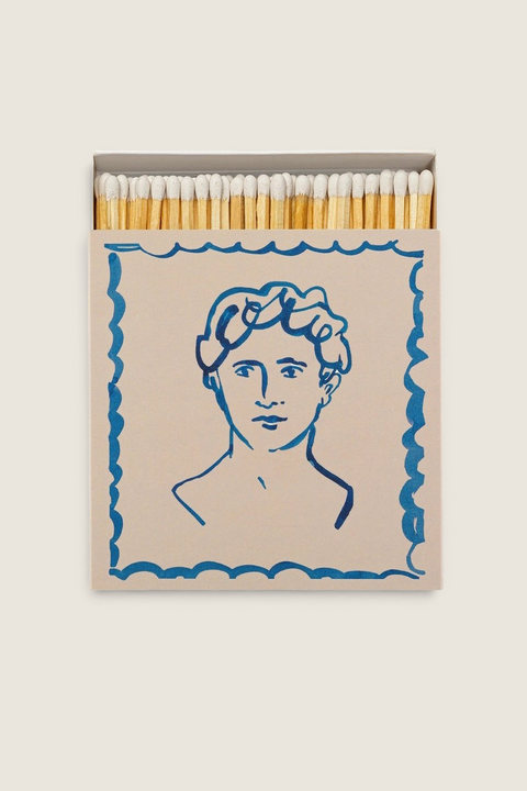 Bolina Archivist decorative matchbox featuring a blue line drawing of a man's face on a beige background.