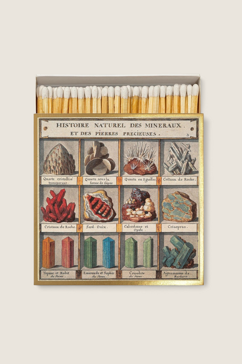 Bolina Archivist matchbox featuring vintage-style mineral and gemstone illustrations in earthy tones with 125 matches.