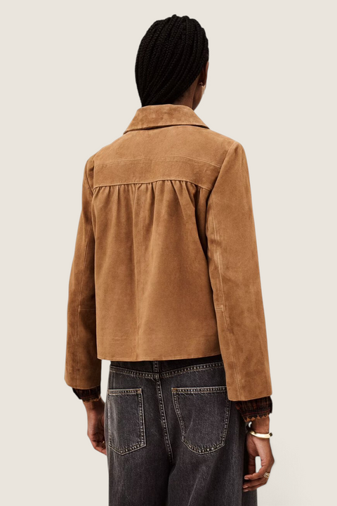 Bolina ba&sh Milas camel suede leather jacket, back view showing gathered back detail and rounded collar.