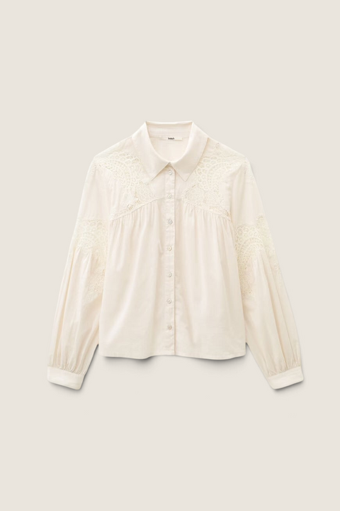 Bolina ba&sh Roseanne ecru cotton shirt featuring delicate lace inserts, puff sleeves, and pearl button closure.