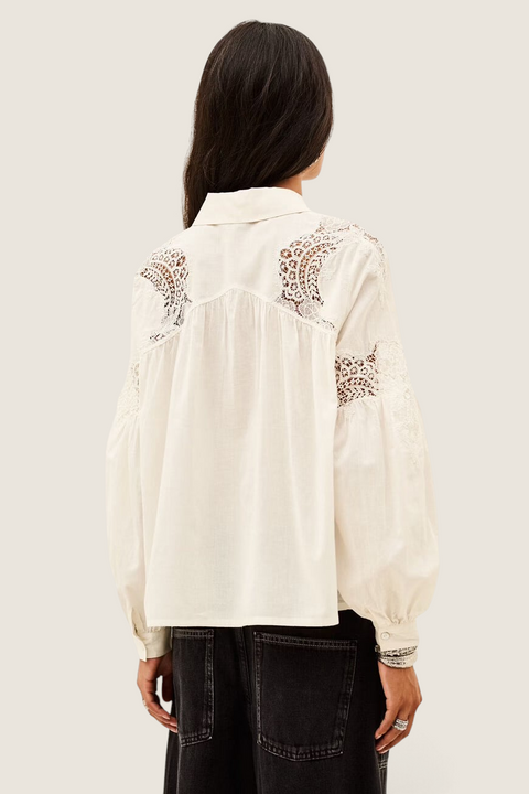 Bolina ba&sh Roseanne ecru cotton shirt with lace inserts and puff sleeves, back view on a model