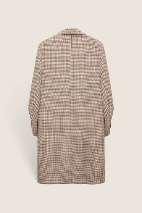 Back view of a Bolina beige and brown checkered oversized coat with a classic collar and long sleeves.