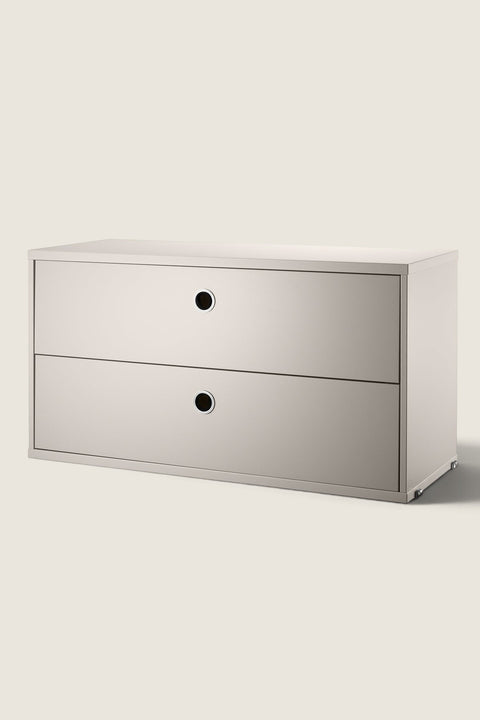 Bolina beige lacquered MDF two-drawer storage unit for String System with circular metal drawer pulls