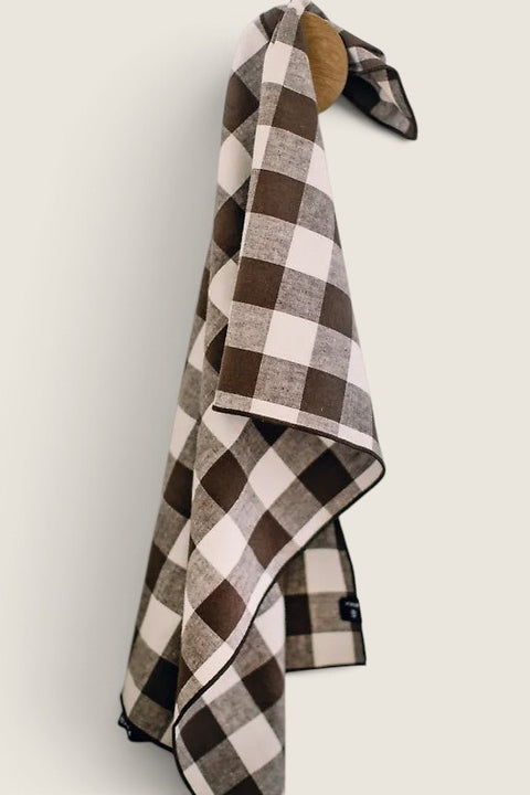 Bolina Bettyhill kitchen towel in chocolate brown and cream checkered cotton-linen blend with overlock edge detail