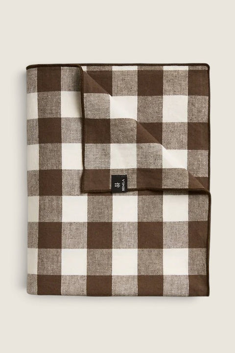 Bolina Bettyhill chocolate brown and cream checkered cotton-linen tablecloth with decorative overlock stitched edges.