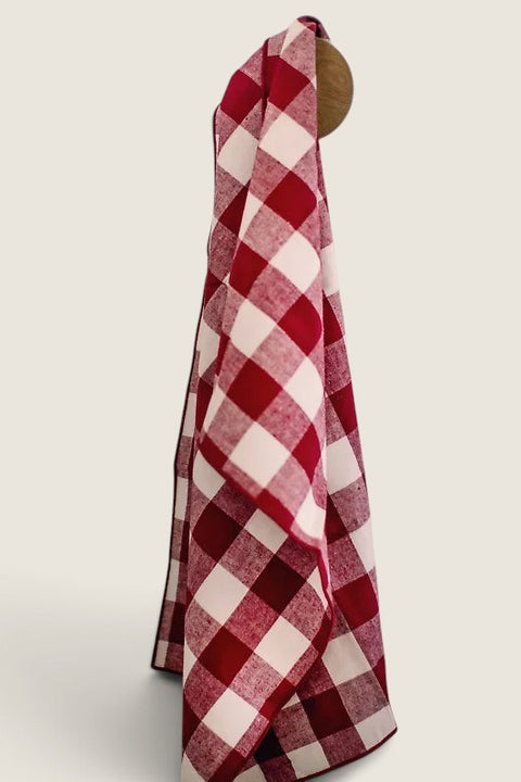 Bolina Bettyhill kitchen towel in ruby red and white checkered cotton linen blend with decorative overlock edge