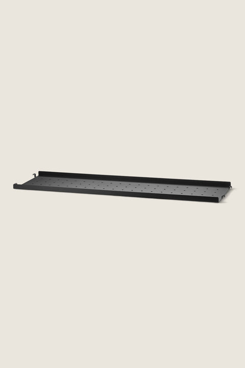 Bolina black powder-coated steel shelf with low edge for String System, 78x20 cm with perforated surface.