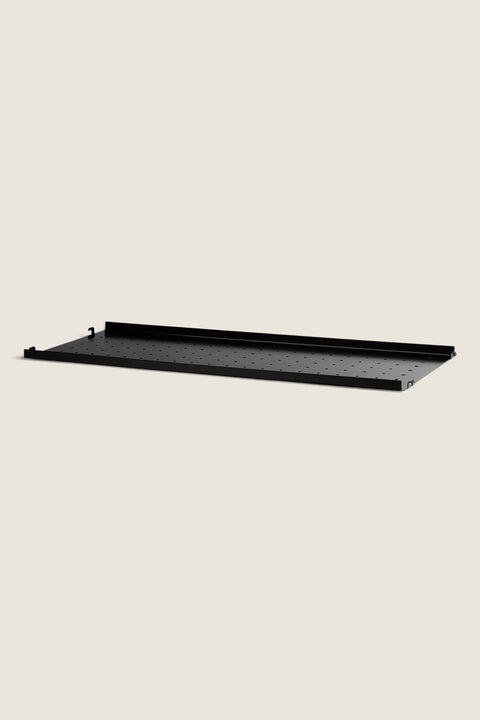 Bolina black perforated metal shelf with low edge for String System, 78x30 cm powder-coated steel