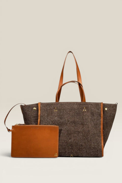 Bolina brown linen tote bag with tan leather trim and handles, includes a matching leather pouch.