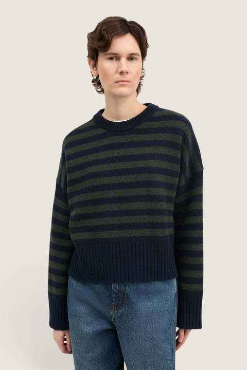 Bolina Campa jumper in navy and dark green striped merino wool with a relaxed oversized fit and dropped shoulders.