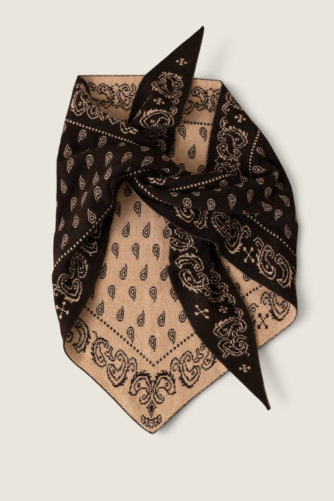 Bolina The Wild Rag cashmere scarf in burnt cocoa and dune with a classic paisley bandana pattern