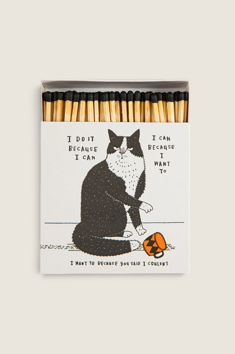Bolina matchbox featuring a black and white cat illustration by Charlotte Farmer with humorous text in letterpress.