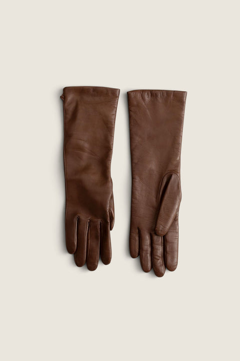 Bolina Celia mid-length gloves in whisky brown nappa leather, showcasing premium French craftsmanship.