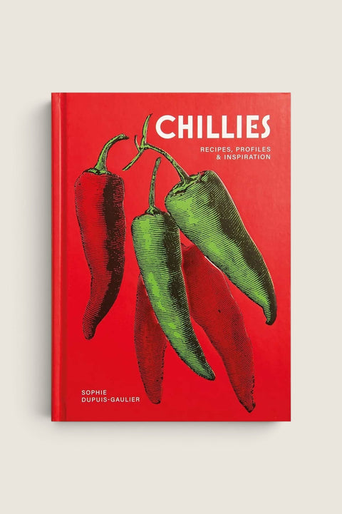 Bolina Chillies cookbook by Sophie Dupuis-Gaulier featuring red and green chili pepper illustrations on a red cover.