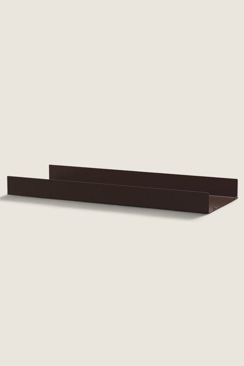 Bolina dark brown metal shelf plate with high edges for String System storage, 78x30 cm with perforated surface.
