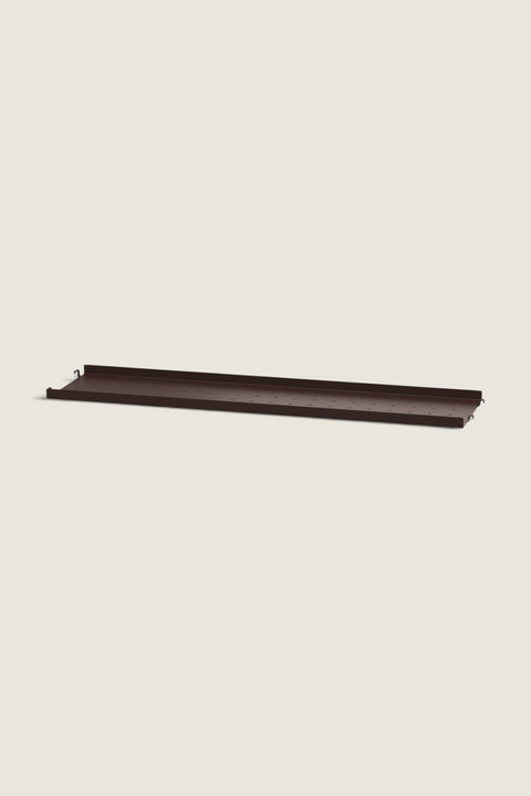 Bolina dark brown metal shelf with low edge and perforated surface for String System storage